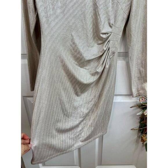 Guess Dress Size 6 Silver Beige Ruched Metallic Long Sleeve VNeck Party - Picture 5 of 10